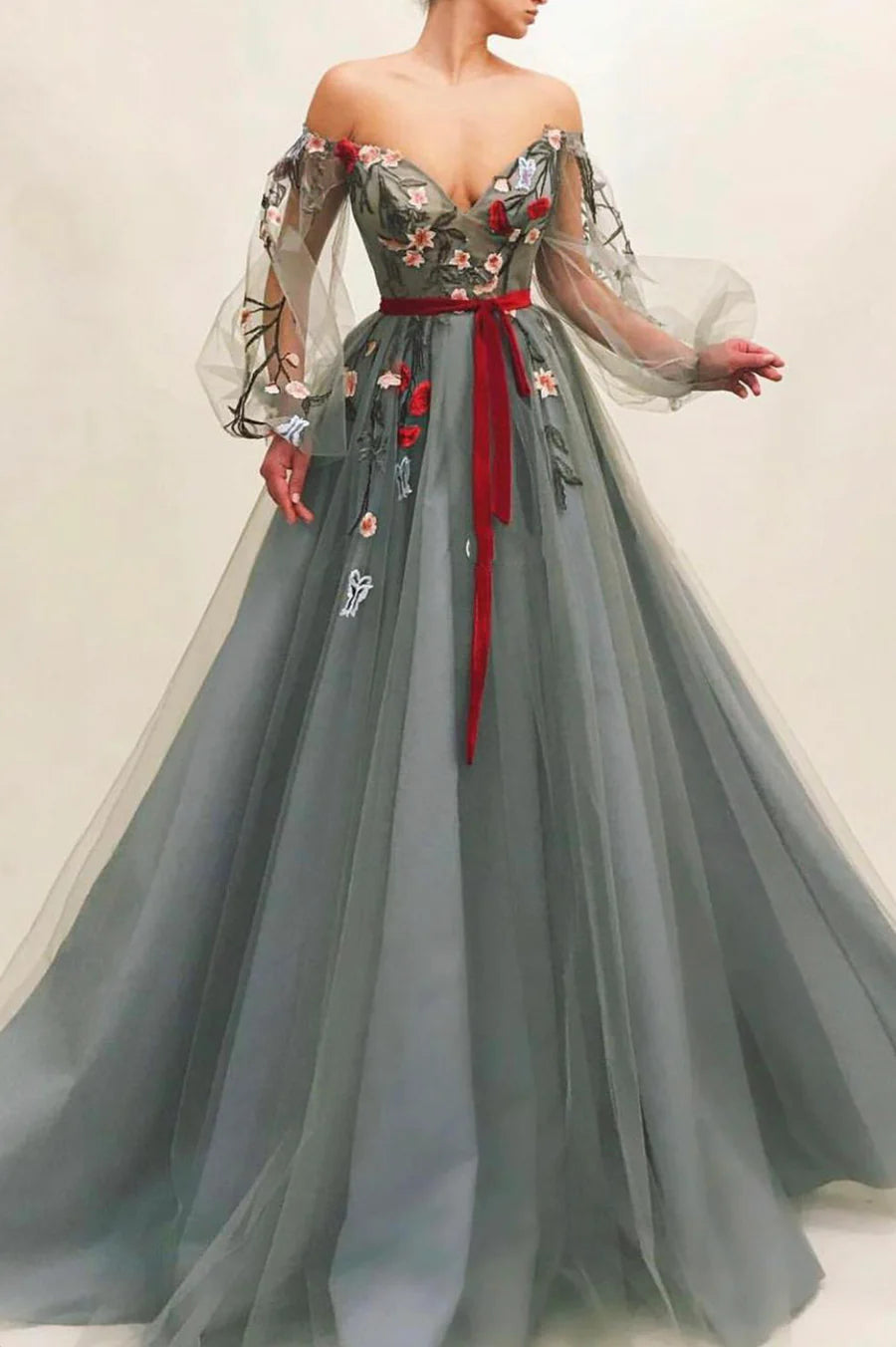 Gray Tulle Lace Long Prom Dress, A-Line Long Sleeve Evening Party Dress